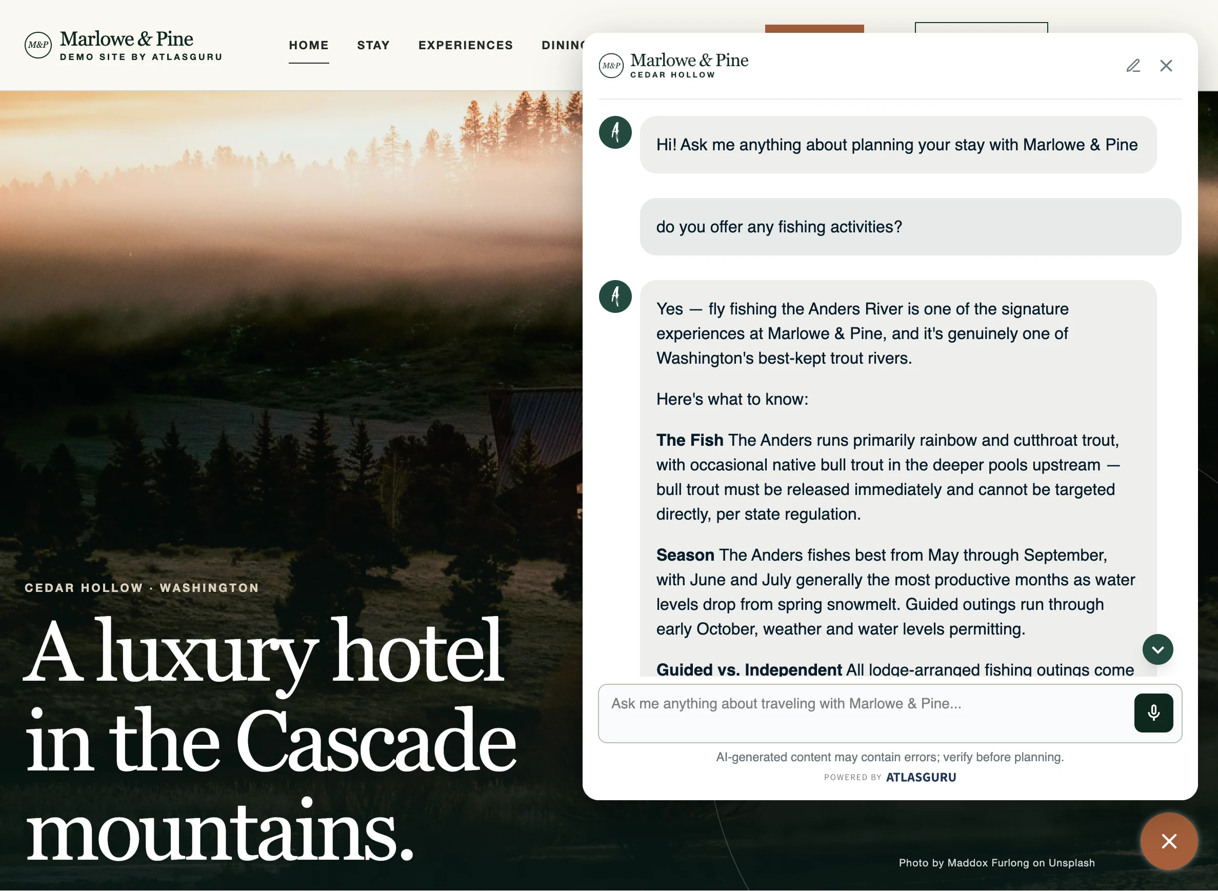 AtlasGuru AI chat widget embedded on the Marlowe & Pine hotel website