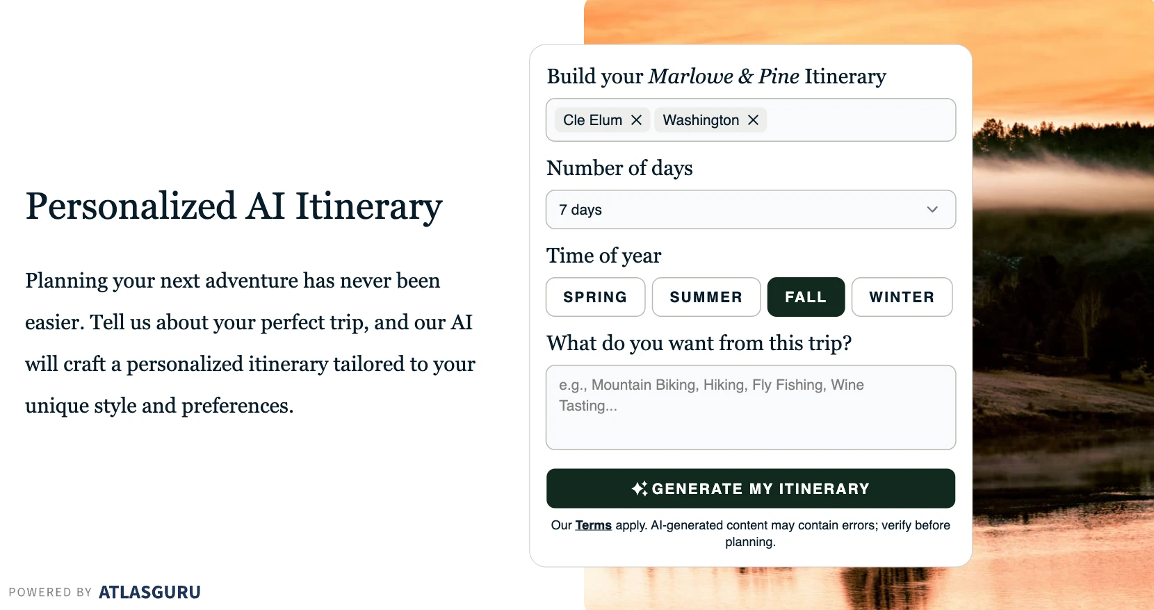 AtlasGuru personalized itinerary widget embedded on the Marlowe & Pine hotel website