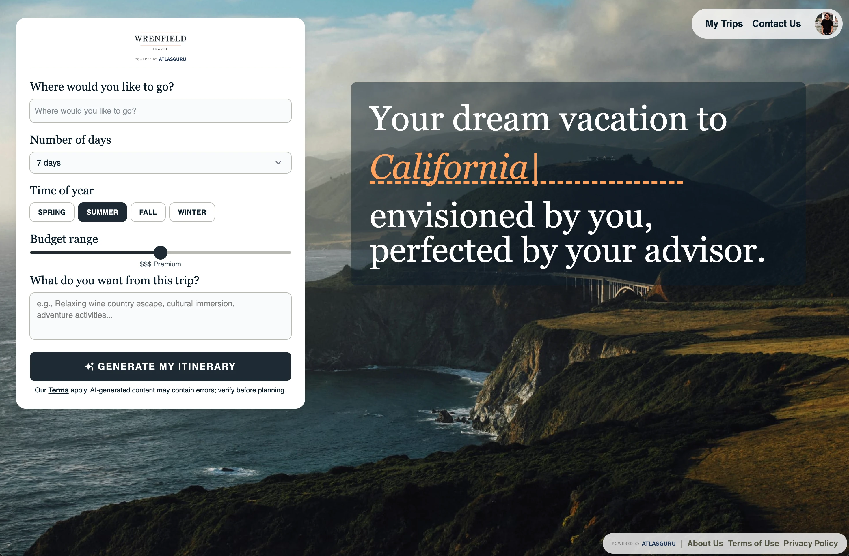 AtlasGuru travel advisor itinerary experience embedded on an advisor website